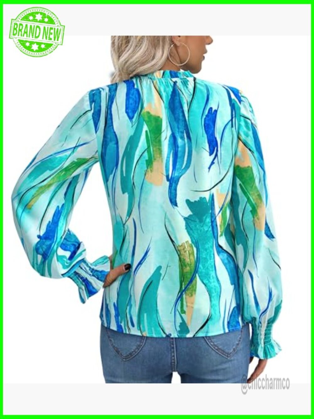 V Neck Floral Long Sleeve Puff Sleeve Chiffon Blouse Dressy Work Top - Picture 4 of 7
